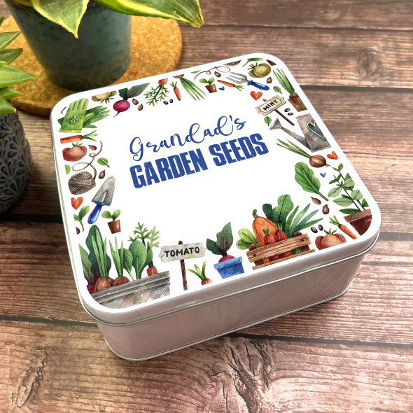 Square Watercolour Vegetables Herbs Gardener Personalised Seeds Tin