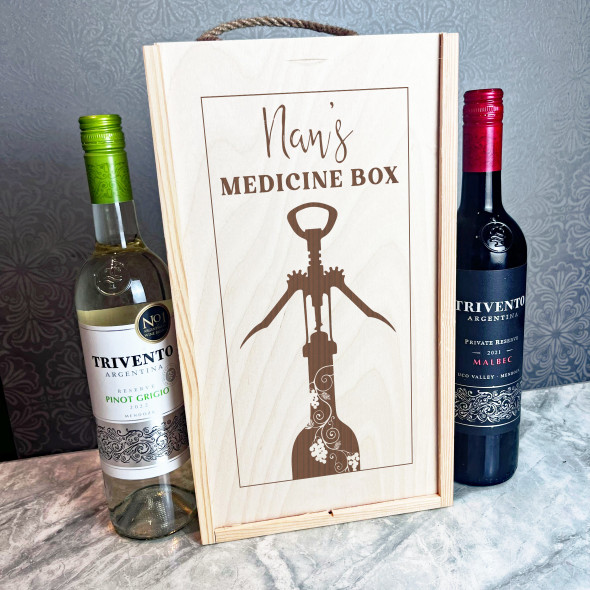 Funny Nan's Medicine Alcohol Box Wooden Rope Double Two Bottle Wine Gift Box