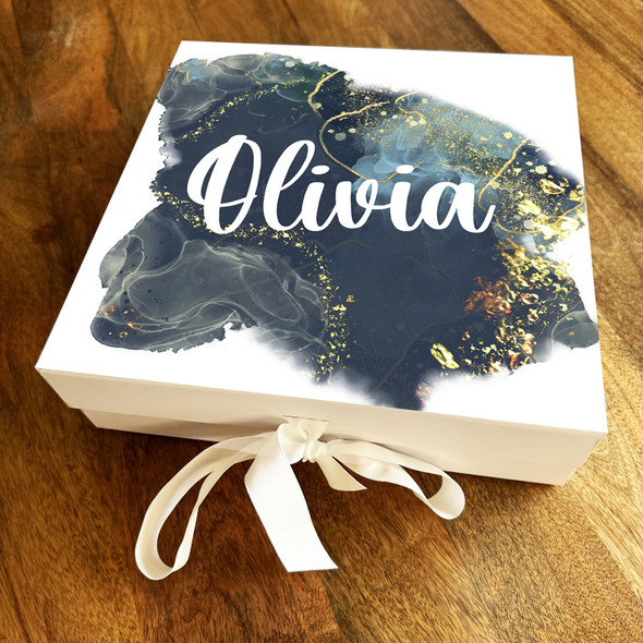 Square Gold Foil & Navy Watercolour Marble Swirl Birthday Personalised Gift Box