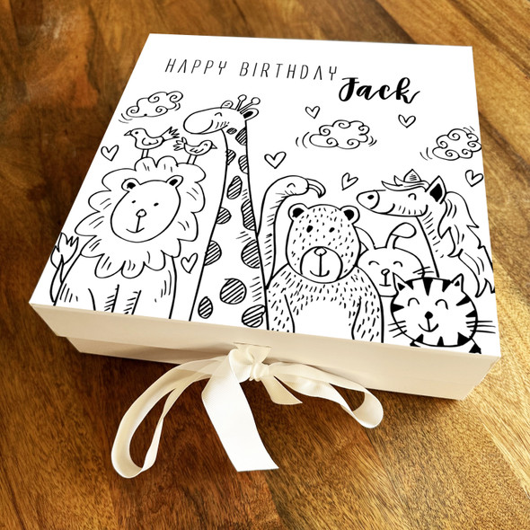 Square Black & White Doodle Animals & Hearts Birthday Personalised Gift Box