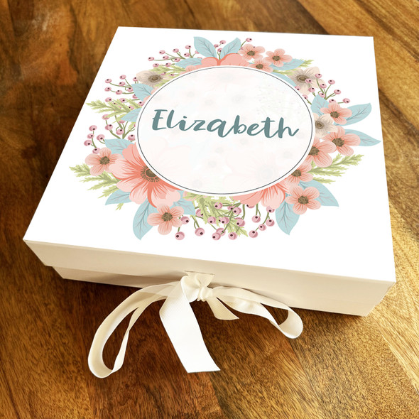 Square Peach Blue & Pink Floral Wreath Border Birthday Personalised Gift Box