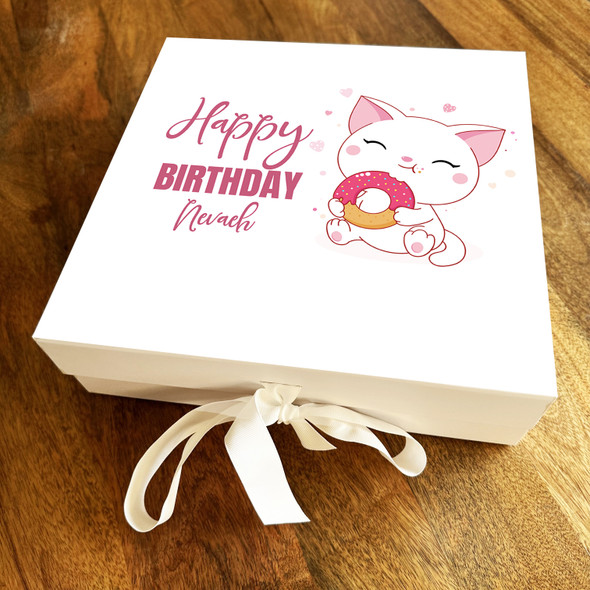 Square Pink Hearts Cute Cat Doughnut Happy Birthday Personalised Hamper Gift Box