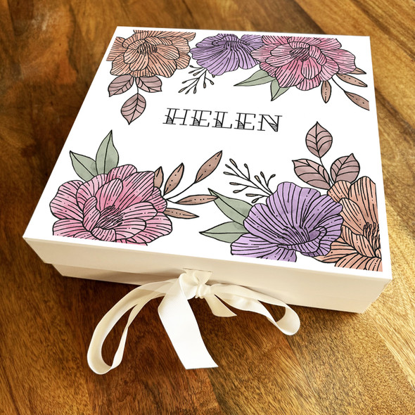 Square Pink Purple Orange Line Art Flowers Birthday Personalised Hamper Gift Box