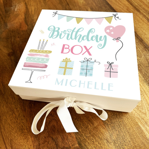 Square Pretty Pastel Party Bunting Birthday Box Personalised Hamper Gift Box