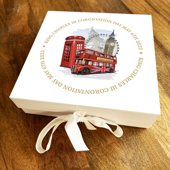 Square Big Ben Red Bus London Gold King Charles Coronation Personalised Gift Box