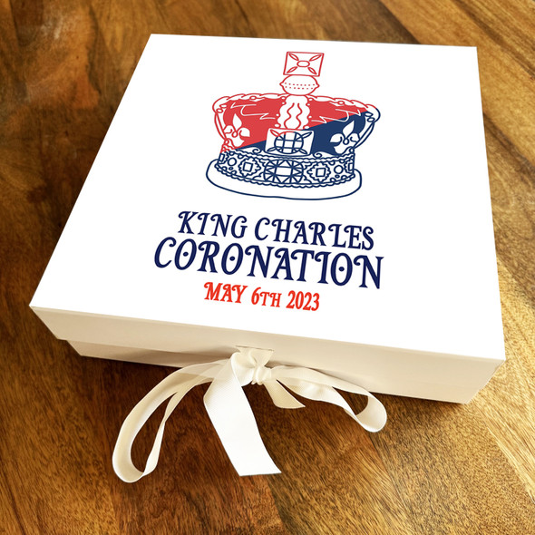 Square Blue Red Lie Art Crown King Charles III Coronation Personalised Gift Box