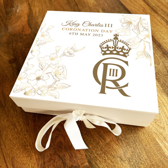 Square Gold Floral Cr Official Monogram King Charles Coronation Gift Box