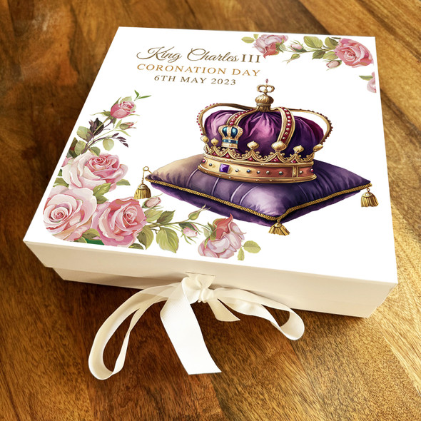 Square Pink Floral Purple Crown King Charles Coronation Personalised Gift Box