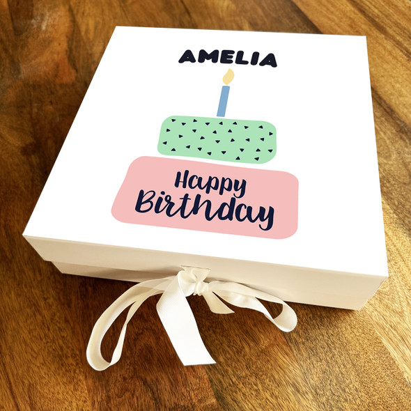 Square Teal Pink & Blue Cake Candle Happy Birthday Personalised Hamper Gift Box