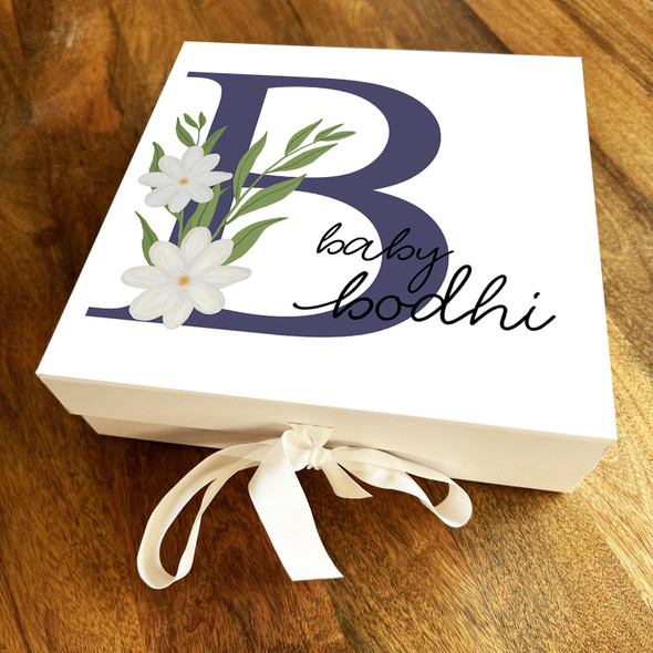 Square White Floral & Navy Initial B New Baby Personalised Keepsake Gift Box