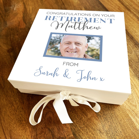 Square Blue Congratulations On Retirement Photo Personalised Hamper Gift Box