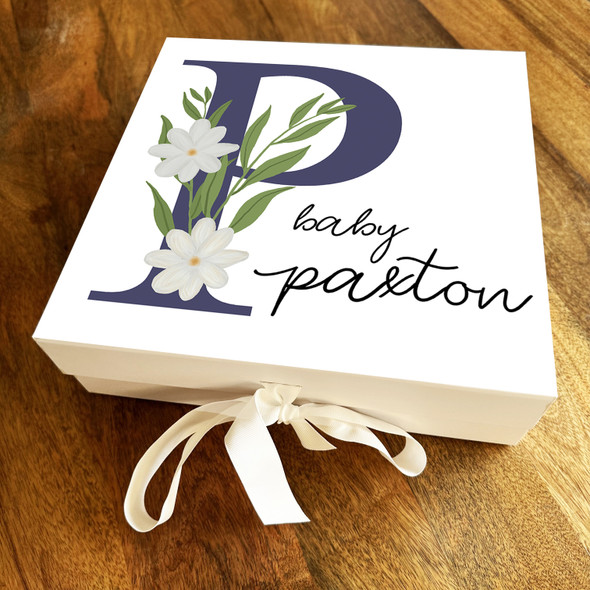 Square White Floral & Navy Initial P New Baby Personalised Keepsake Gift Box