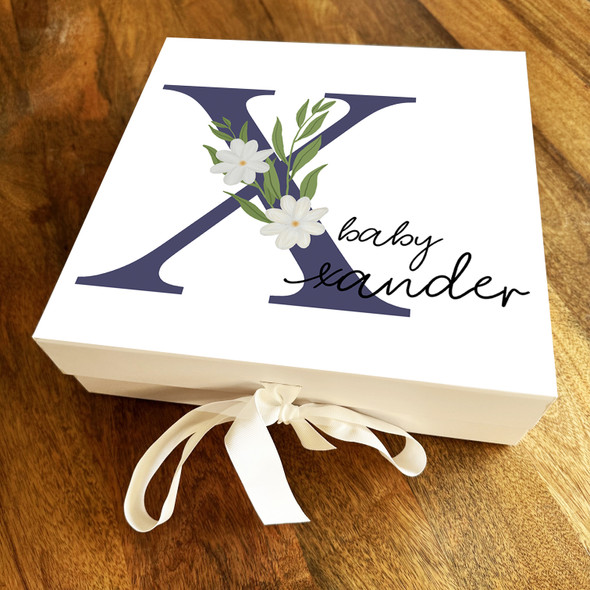 Square White Floral & Navy Initial X New Baby Personalised Keepsake Gift Box