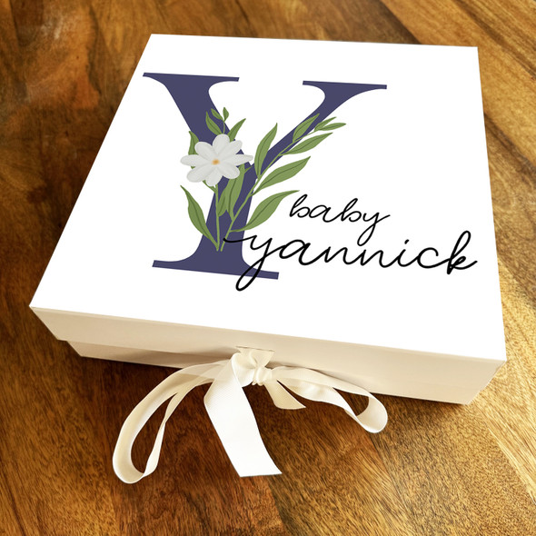 Square White Floral & Navy Initial Y New Baby Personalised Keepsake Gift Box