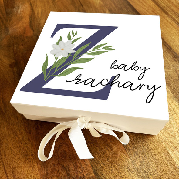 Square White Floral & Navy Initial Z New Baby Personalised Keepsake Gift Box