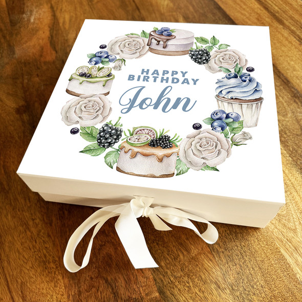 Square Blue White Floral Happy Birthday Cake Wreath Personalised Hamper Gift Box