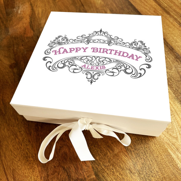 Square Antique Pink Monotone Vintage Label Birthday Personalised Hamper Gift Box