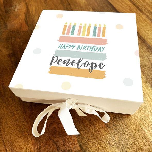 Square Cute Pastel Cake With Candles Happy Birthday Personalised Hamper Gift Box