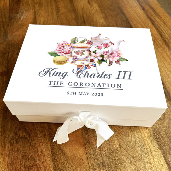 Tea Time Set Flag Pink Floral King Charles Coronation Personalised Gift Box