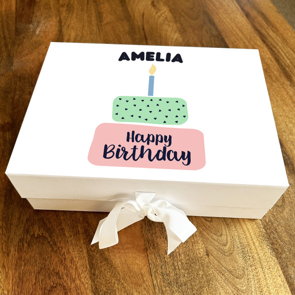 Teal Pink & Blue Cake Candle Happy Birthday Personalised Hamper Gift Box