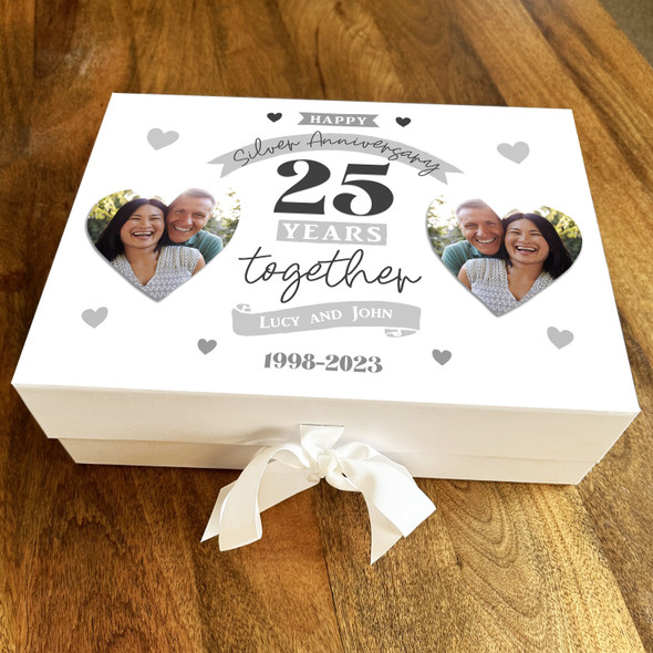 25th Wedding Anniversary Silver Photo Hearts Personalised Hamper Gift Box