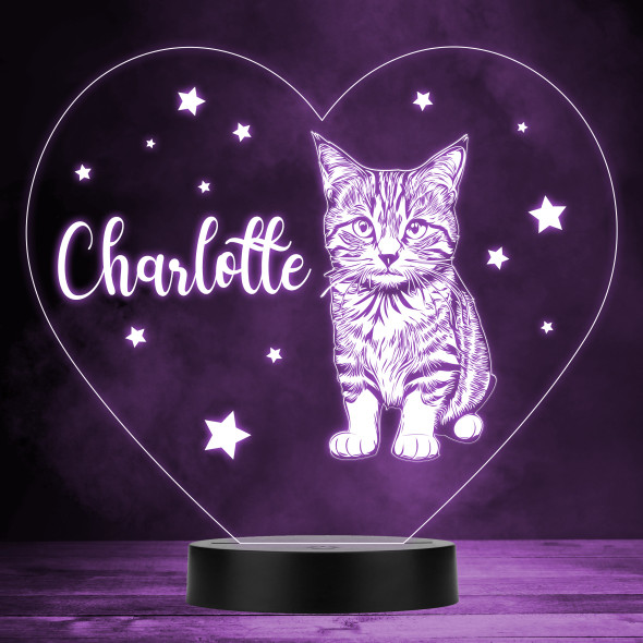 Cute Kitten & Stars Kids Animal Heart Personalised Gift Multicolour Night Light