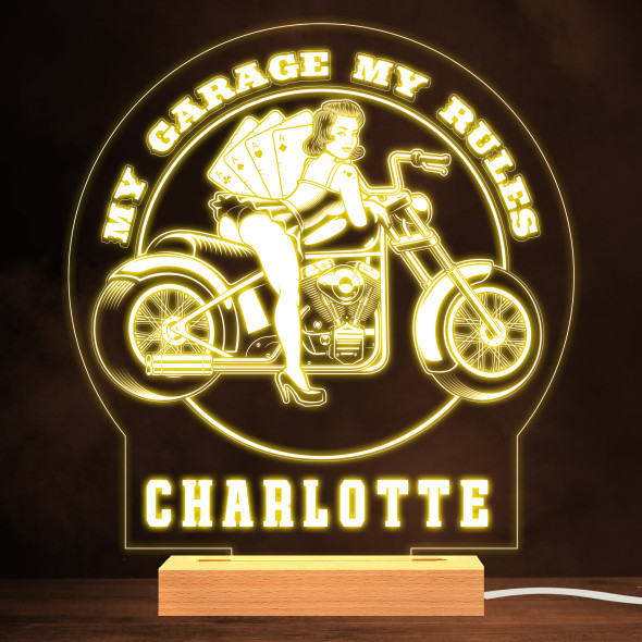 My Garage My Rules Sexy Biker Woman Personalised Gift Warm White Night Light