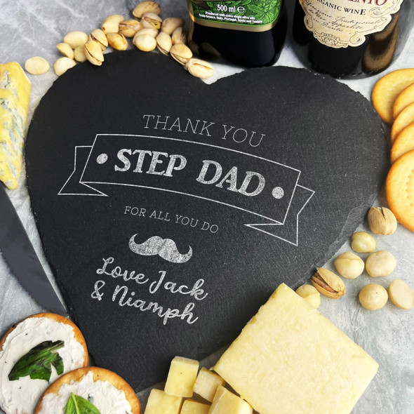 Happy Fathers Day Step Dad Moustache Personalised Heart Slate Cheese Board