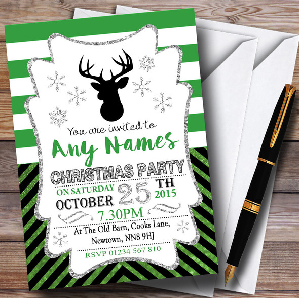 Green & Silver Chevrons Customised Christmas Party Invitations