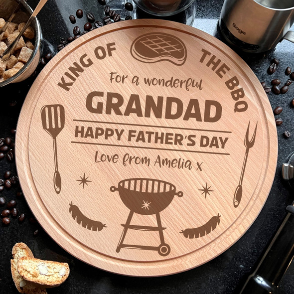 Grandad King Of The BBQ Father's Day Personalised Round Wood Chopping Board