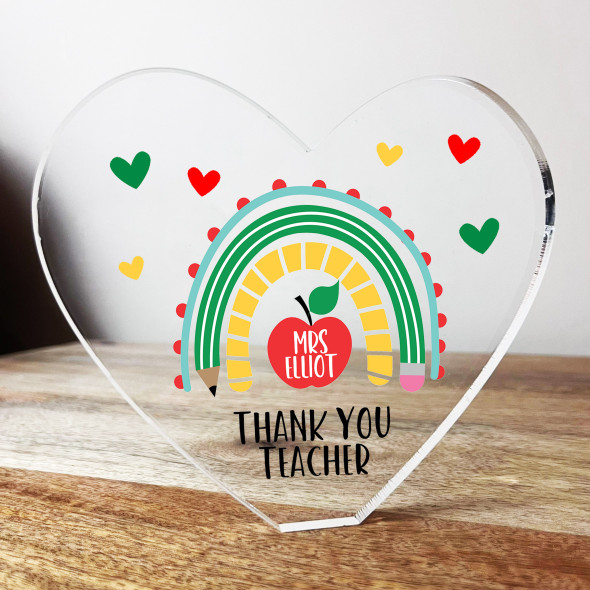Thank You Teacher Apple School Rainbow Clear Heart Personalised Ornament Gift