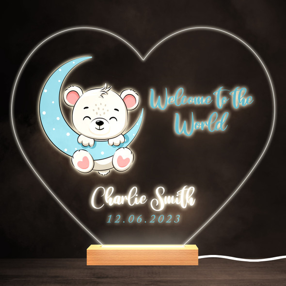 Welcome To The World New Baby Boy Bear Heart Personalised Gift Night Light