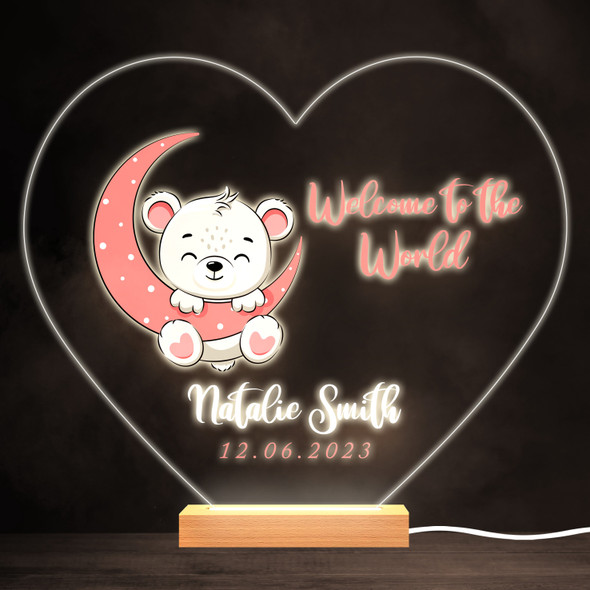Welcome To The World New Baby Girl Bear Heart Personalised Gift Night Light