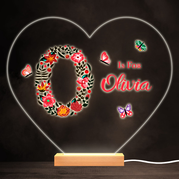 Floral Alphabet Butterflies Letter O Heart Personalised Gift Lamp Night Light