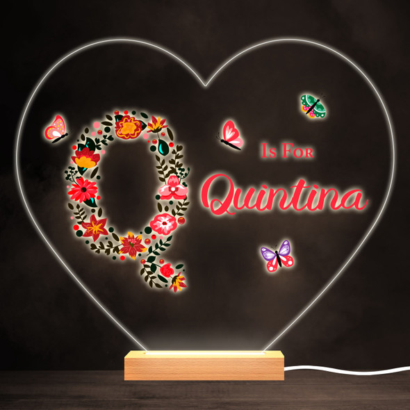 Floral Alphabet Butterflies Letter Q Heart Personalised Gift Lamp Night Light
