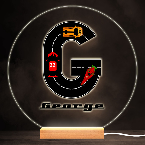 Road Racing Cars Letter G Colourful Round Personalised Gift LED Lamp Night Light