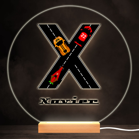 Road Racing Cars Letter X Colourful Round Personalised Gift LED Lamp Night Light