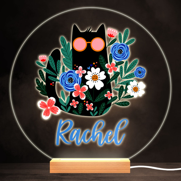 Cat Glasses Cool Cat Flowers Girl Round Personalised Gift Lamp Night Light Cat Glasses Cool Cat Flowers Girl Round Personalised Gift Lamp Night Light