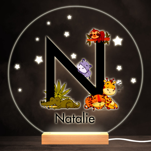 Sleeping Baby Safari Animals Letter N Round Personalised Gift Lamp Night Light