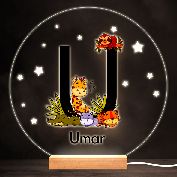 Sleeping Baby Safari Animals Letter U Round Personalised Gift Lamp Night Light