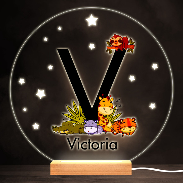 Baby Safari Animals Letter V Colourful Round Personalised Gift Lamp Night Light
