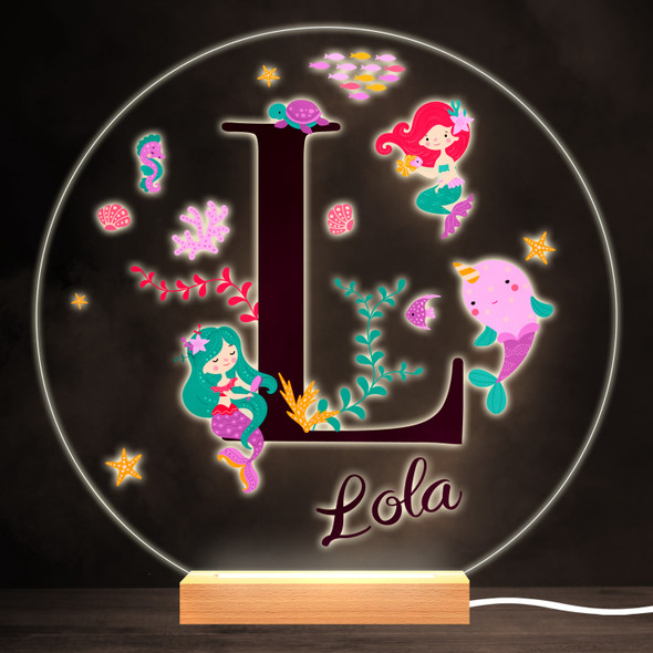 Sealife With Mermaids Alphabet Letter L Round Personalised Gift Lamp Night Light