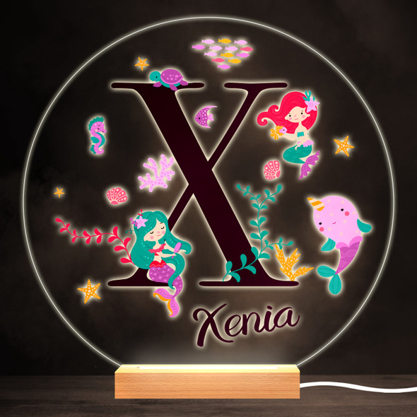 Sealife With Mermaids Alphabet Letter X Round Personalised Gift Lamp Night Light
