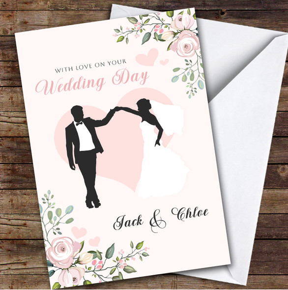 Pink Floral Wedding Day Couple Silhouette Personalised Greetings Card