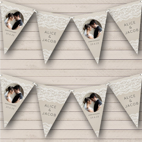 Cream Beige Lace Polka Dot Wedding Photo Anniversary Personalised Banner Bunting