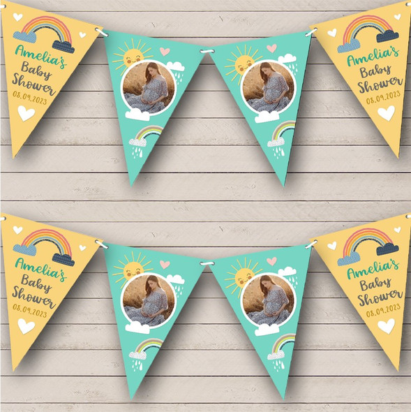 Rainbow Baby Shower Cute Yellow Photo Personalised Party Banner Bunting