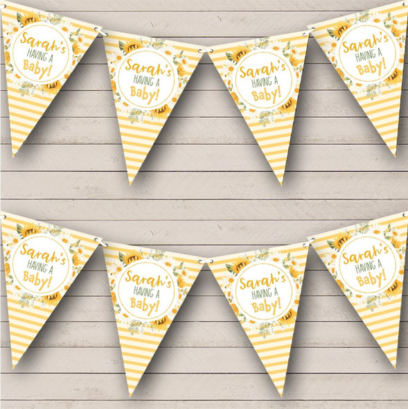 Yellow White Stripe Sunflower New Baby Shower Personalised Party Banner Bunting