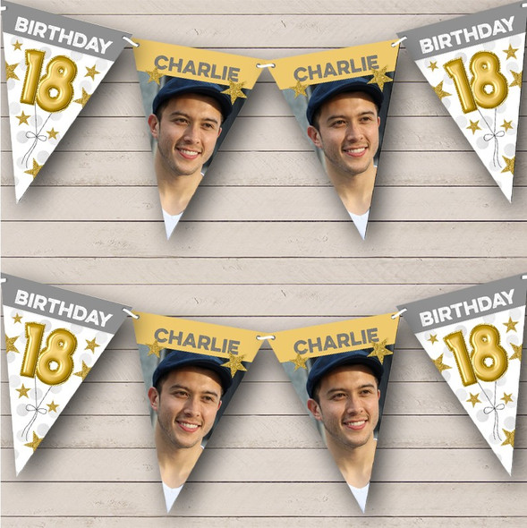 18th Birthday Balloons Photo Gold Stars Grey Personalised Party Banner Bunting