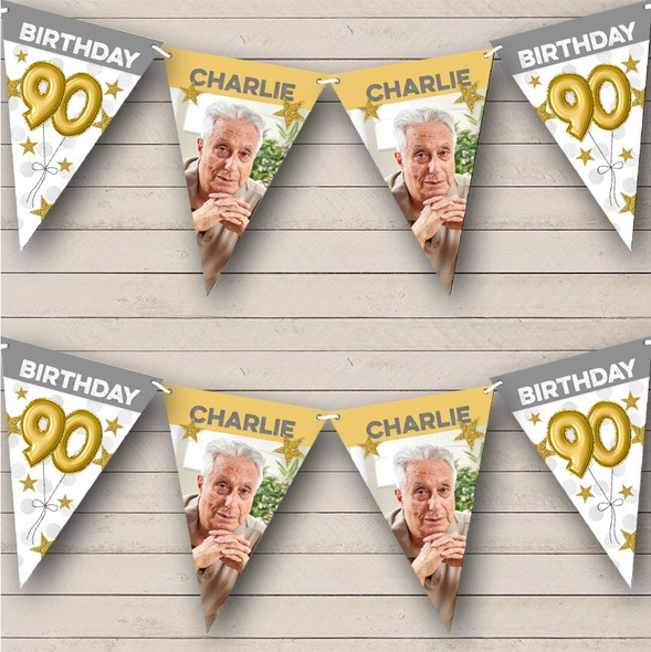 90th Birthday Balloons Photo Gold Grey Stars Personalised Party Banner Bunting