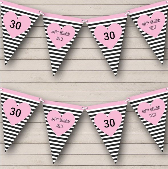 Black White Stripes Pink Heart Birthday Any Age Personalised Banner Bunting